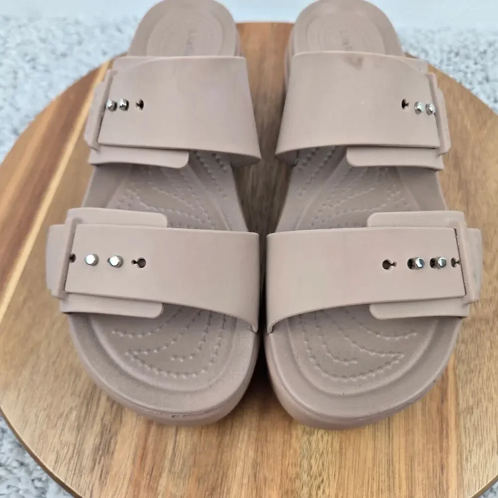 Crocs Womens 7 Brooklyn Latte Brown Buckle Low Double Strap Casual Wedge Sandal